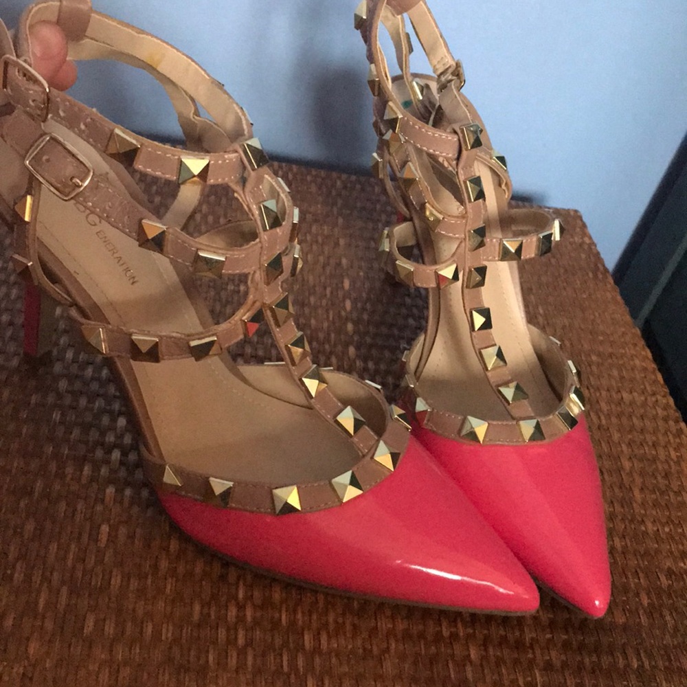 BCBG studded pink Valentino patent slingback heels